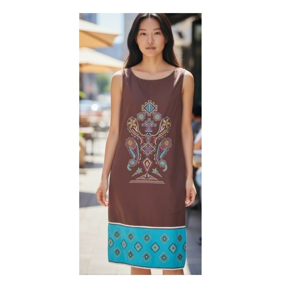 Sabby Anand Embroidered Brown Cotton Shift Dress size Large
